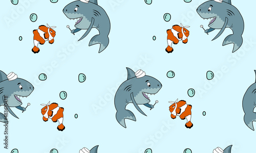 Seamless pattern with a shark and a small clown fish on a blue background. Vector illustration. Cartoon dentist shark. Baby seamless pattern for a medical theme.