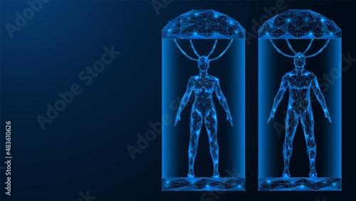 A man and a woman in cryogenic capsules. Hibernation chambers for sleeping. Futuristic polygonal design of interconnected lines and dots. Blue background.