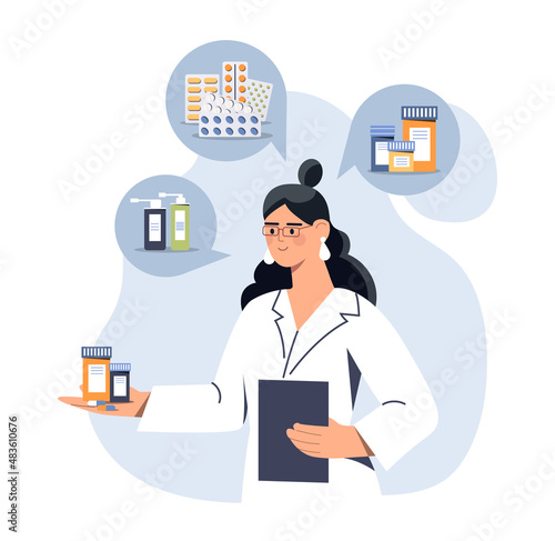 Pharmacist woman concept. Young girl standing in dressing gown with folder in her hands. Character for posters and banners. Doctor offers pills to patients, treatment. Cartoon flat vector illustration