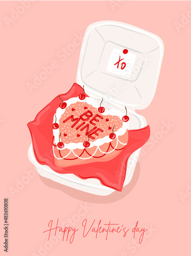 Valentine's Day! February 14. Vector cute illustration of a cake with heart shape.