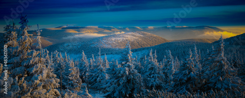 Snow, rime and spruce trees on a mountain range of Jesenniky mountains . Scenic view, scenic landscape. . © Jansk