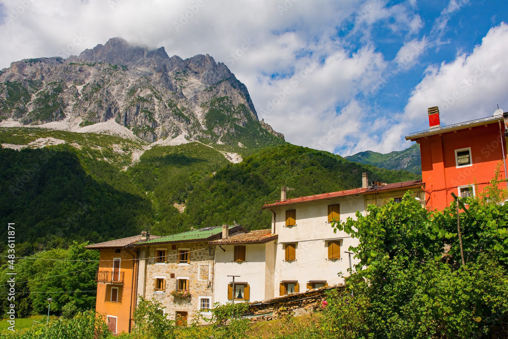 The village of Dordolla in the Moggio Udinese municipality of Udine province, Friuli-Venezia Giulia, north east Italy. Creta Grauzaria mountain is in the background

