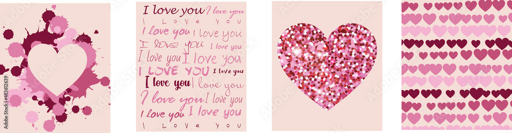 Collection of greeting cards (posters) with the text I love you and a heart in glitter and a heart in blots on a colored background