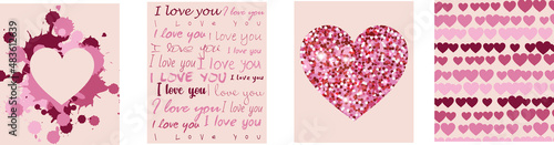 Collection of greeting cards (posters) with the text I love you and a heart in glitter and a heart in blots on a colored background