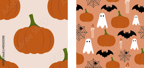 Halloween pumpkin candle ghost spider bat spiderweb pattern, cozy October ornament vector illustration, autumn design figure template background texture