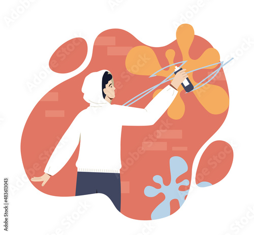 Young street artist. Charming guy draws on walls, illegal creativity, artist. Student, city houses. Active lifestyle, outdoor fresh air. Graphic element for website. Cartoon flat vector illustration