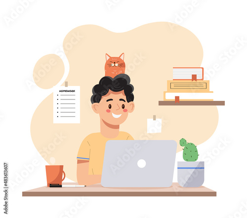 Studying at home. Guy sitting at laptop with cat on his head. Pets along with owner. Modern technologies, internet and distance learning, student doing homework. Cartoon flat vector illustration