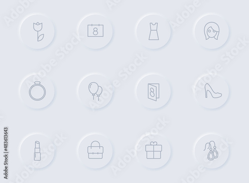 8 march gray vector icons on round rubber buttons. 8 march icon set for web, mobile apps, ui design and promo business polygraphy