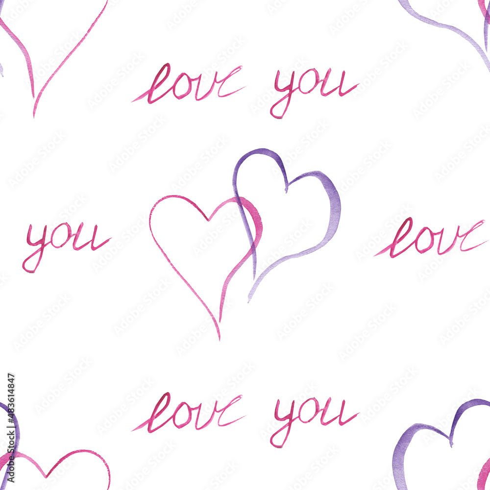 Watercolor hand painted romantic seamless pattern with purple and pink color hearts and love you lettering text isolated on the white background for Valentine's day print design