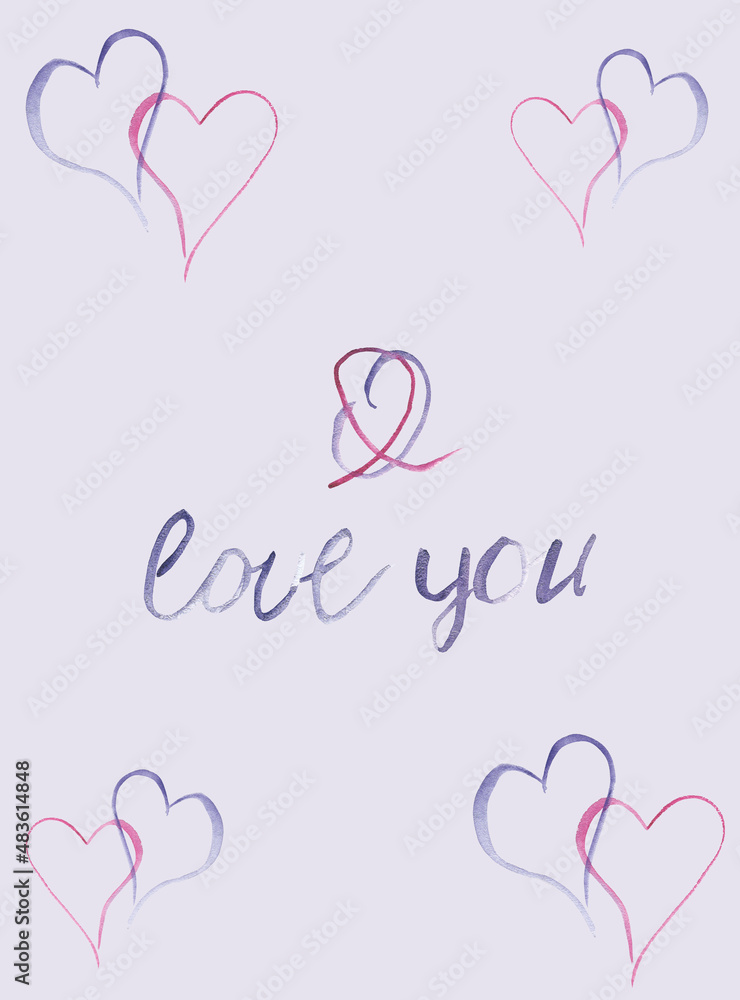 Watercolor hand painted romantic postcard with purple and pink hearts lineart and I love you text composition on the lilac background for Valentine's day greeting card design