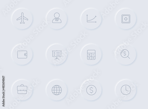 business gray vector icons on round rubber buttons. business icon set for web, mobile apps, ui design and promo business polygraphy