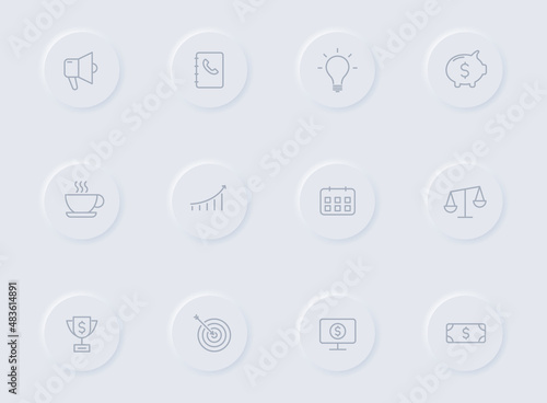 business gray vector icons on round rubber buttons. business icon set for web, mobile apps, ui design and promo business polygraphy