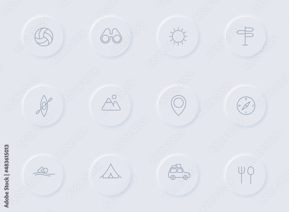 camping gray vector icons on round rubber buttons. camping icon set for web, mobile apps, ui design and promo business polygraphy camping gray vector icons on round rubber buttons. camping icon set for web, mobile apps, ui design and promo business polygraphy