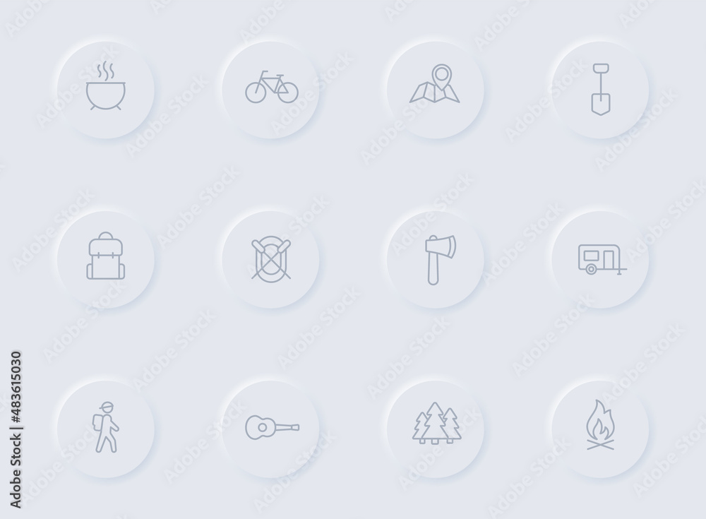 camping gray vector icons on round rubber buttons. camping icon set for web, mobile apps, ui design and promo business polygraphy camping gray vector icons on round rubber buttons. camping icon set for web, mobile apps, ui design and promo business polygraphy