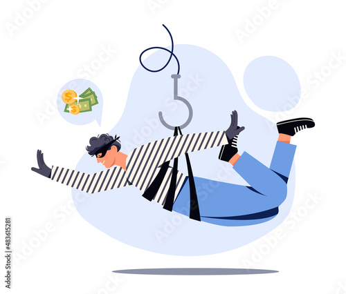 Thief on rope. Man wants to steal money, hackers metaphor. Criminal robs bank in mask. Special operation. Crime and illegal acts. Security and safety danger concept. Cartoon flat vector illustration