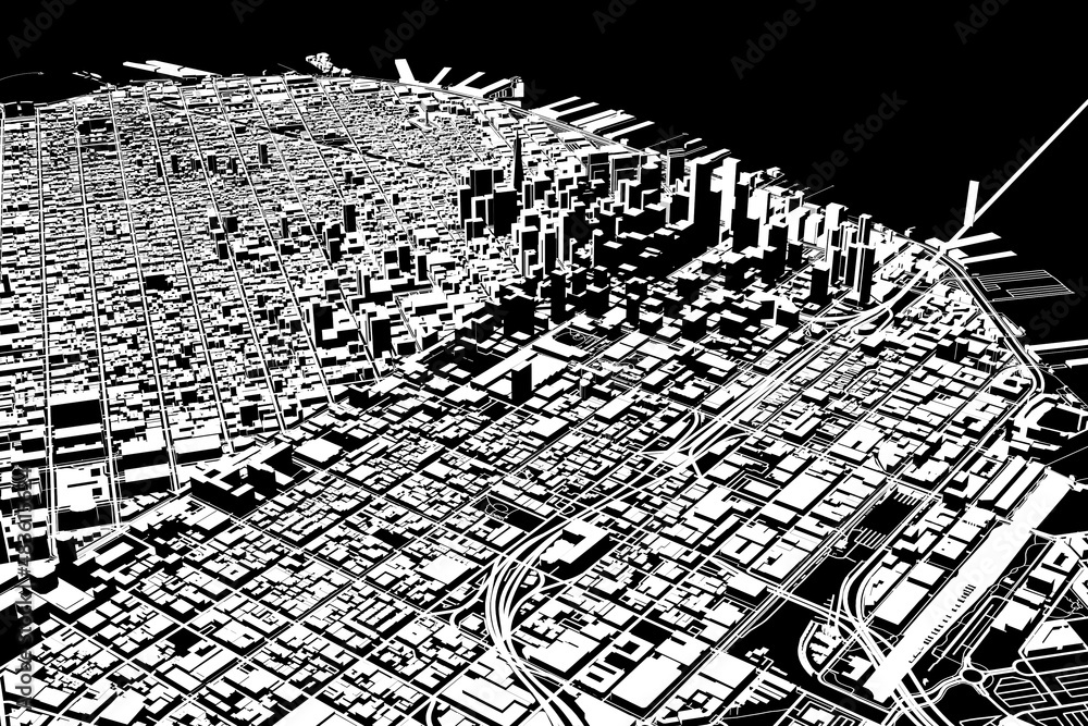 Satellite view of San Francisco, map of the city with house and building. Silhouette, black and white. Skyscrapers. Usa. 3d rendering

