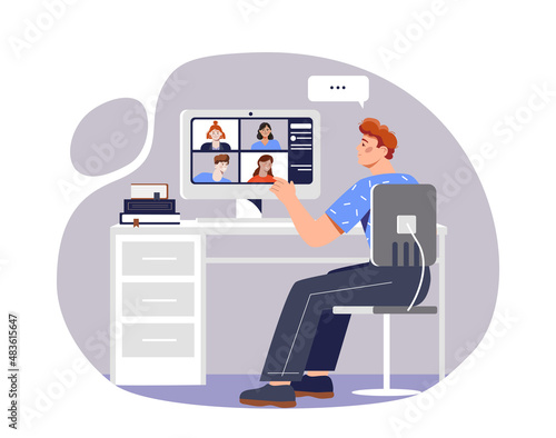 Man on videoconference. Young guy communicates with friends. Modern technologies and digital world. Messengers and social networks. Application for chatting. Cartoon flat vector illustration
