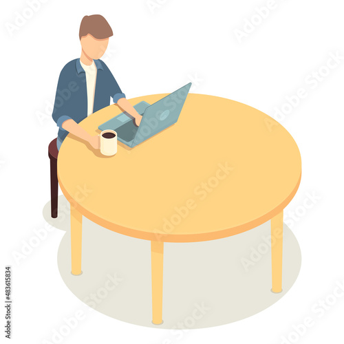 isometric freelancer working with table with coffee cup, vector illustration