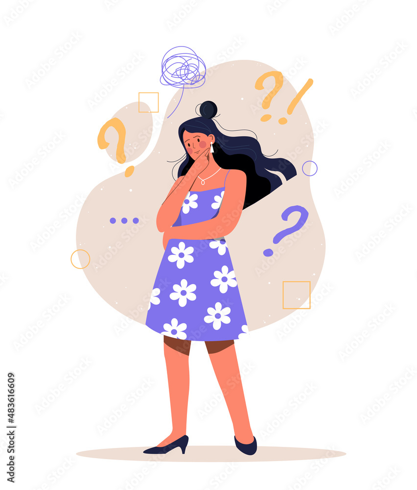 Waiting to be answered. Person looking for answers to internal questions. Character chooses best path, making decision. Woman props her head up with her hand. Cartoon flat vector illustration Waiting to be answered. Person looking for answers to internal questions. Character chooses best path, making decision. Woman props her head up with her hand. Cartoon flat vector illustration