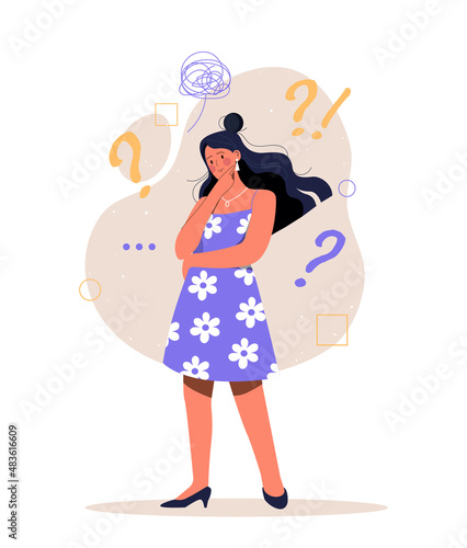 Waiting to be answered. Person looking for answers to internal questions. Character chooses best path, making decision. Woman props her head up with her hand. Cartoon flat vector illustration