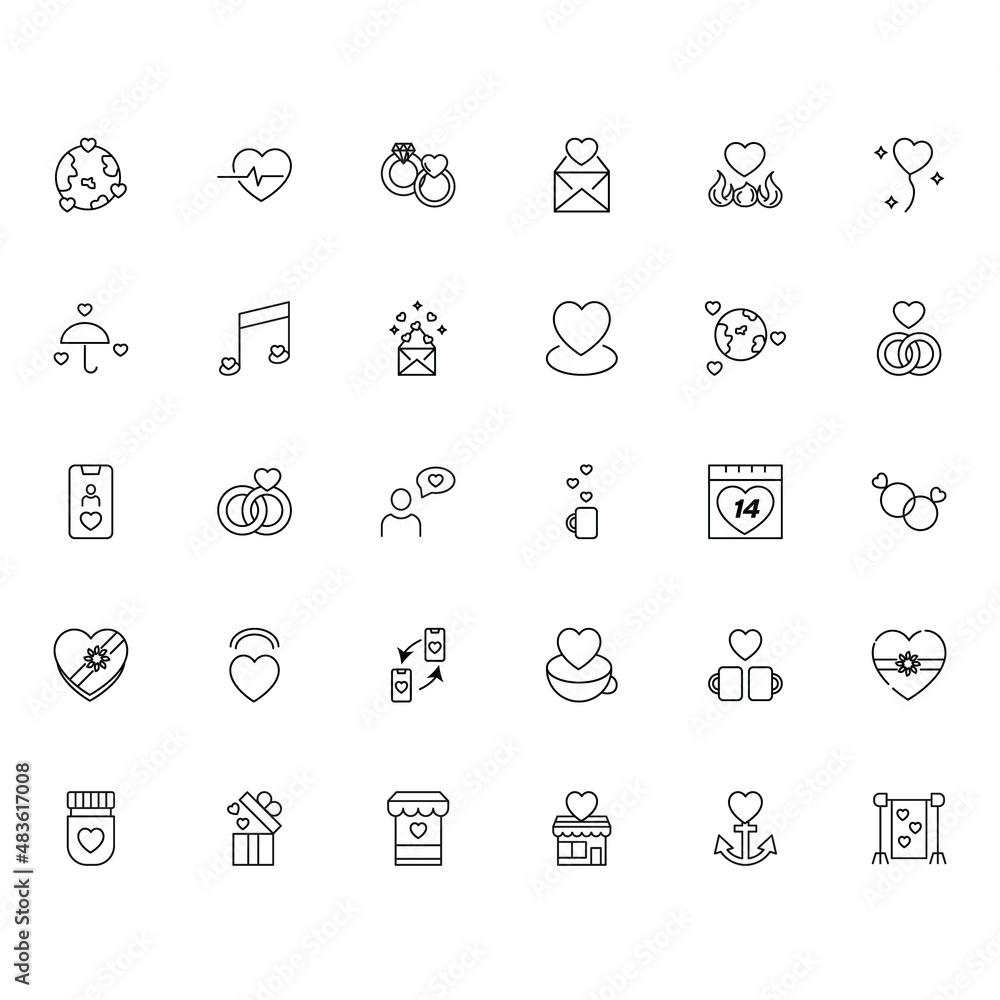 Romance and love concept. Vector monochrome outline signs drawn in flat style. Line icon set. Icons of hearts next to various items, such as ring, envelope, planet, cup, stores, giftbox Romance and love concept. Vector monochrome outline signs drawn in flat style. Line icon set. Icons of hearts next to various items, such as ring, envelope, planet, cup, stores, giftbox