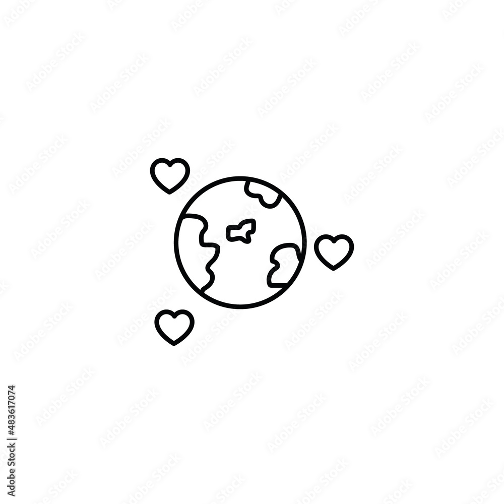 Romance and love concept. Vector monochrome outline signs drawn in flat style. Perfect for advertisement, articles, stores, internet pages. Line icon of Earth planet next to tiny hearts Romance and love concept. Vector monochrome outline signs drawn in flat style. Perfect for advertisement, articles, stores, internet pages. Line icon of Earth planet next to tiny hearts