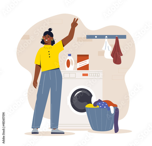 Washing machine at home. Woman smiles and waves her hand while technician washes things. Housewife loaded dirty laundry. Household chores, tasks and routine. Cartoon flat vector illustration