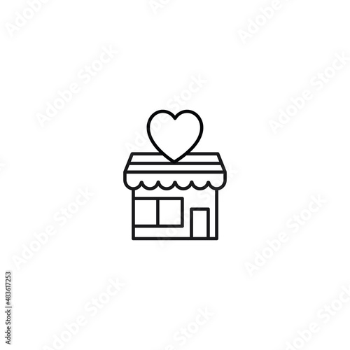 Romance and love concept. Vector monochrome outline signs drawn in flat style. Perfect for advertisement, articles, stores, internet pages. Line icon of heart over store’s roof