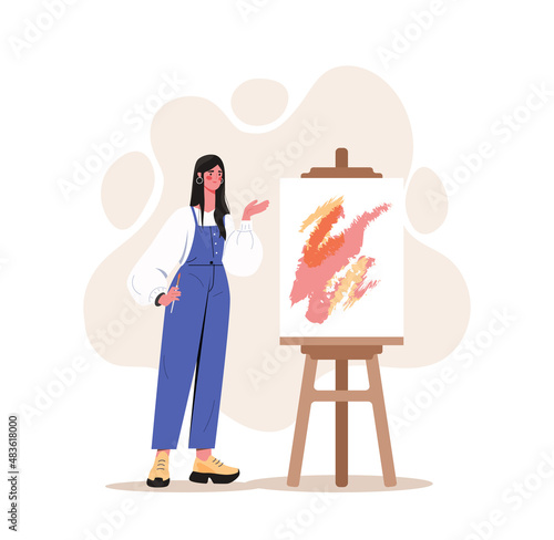 Woman artist painting. Girl standing in front of easel. Creative personality and art. Painter at work. Female student or pupil draws in abstract style, learning. Cartoon flat vector illustration