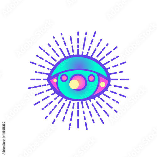 Hippie eye. Psychedelic hallucination. Vibrant vector illustration. Magic fai...