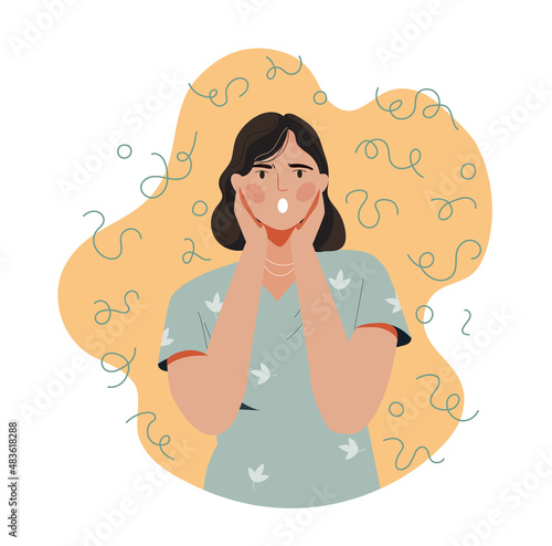 Woman say wow. Girl covers her head with her hands, character surprised. Pleasant and unexpected surprises. Person receives gift, amazing news. Shock and happiness. Cartoon flat vector illustration