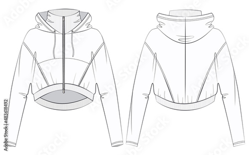 Women Sweatshirt design fashion flat sketch template. Hoodie sweat jacket with zipper. Hoodie Mockup template.