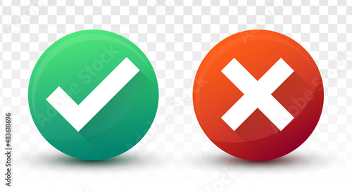 Realistic Right And Wrong 3D Check Mark Button On Transparent Background. Vector Illustration.