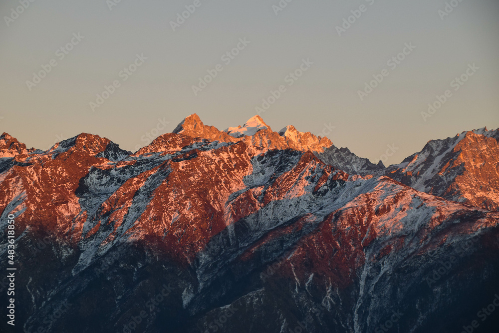 Sunset in the Himalaya mountains in Nepal. Tamang Heritage Trail and Langtang trek day 3 from Nagthali to the viewpoint Nagthali Gyang