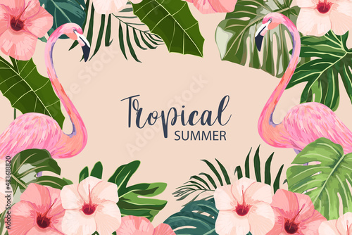 Exotic tropical palm leaves,  hibiscus and flamingo. Frame border background. Summer vector illustration. Template for card