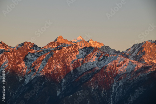 Sunset in the Himalaya mountains in Nepal. Tamang Heritage Trail and Langtang trek day 3 from Nagthali to the viewpoint Nagthali Gyang