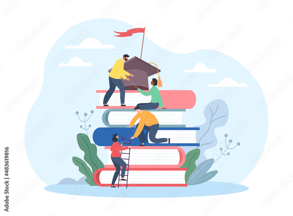 People building business. Characters climb stack of books. Motivation and movement towards goal. Organization development. Selfdevelopment, colleagues go to flag. Cartoon flat vector illustration