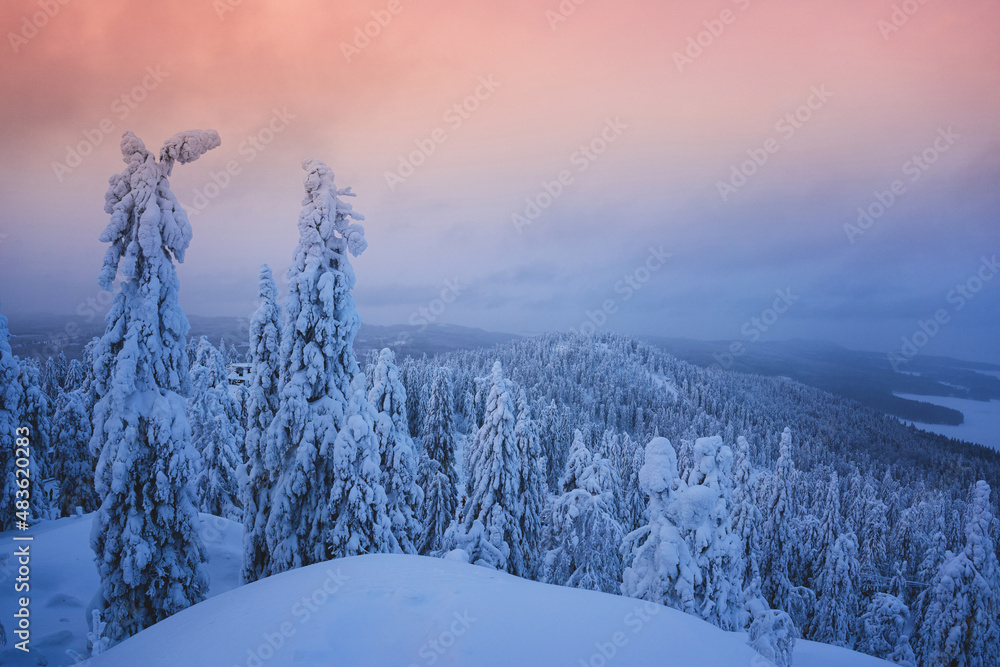 Winter landscape in the mountains in sunlight