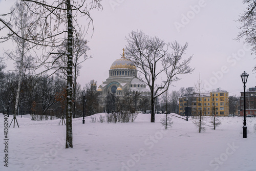 Russia. Kronstadt, January 28, 2022. View of the Naval Cathedral of St. Nicholas on a frosty day.