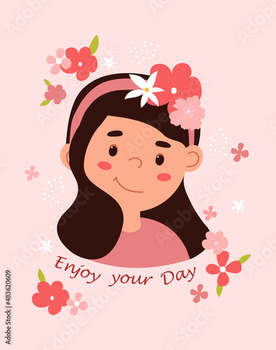 Enjoy your day. Girl with wreath and flowers around. Card design, congratulations on arrival of spring or March 8. Poster or banner, graphic elements for site. Cartoon flat vector illustration