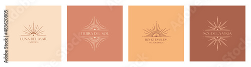 Set of vector bohemian logos.Boho linear icons or emblems.Letters with Tierra del Sol means The Land of Sun,Letters with Luna del Mar means Sea Moon,Letters with Sol de la Vega means Sun of the Valley