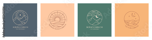 Set of vector linear boho emblems.Bohemian logo designs with sea or lake,sun,mountains,aurora lights and moon.Modern travel icons or symbols in trendy minimalist style.Branding design templates.