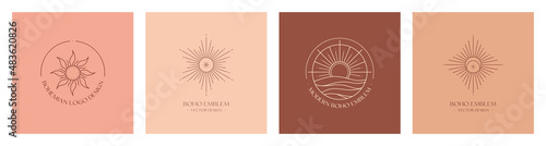 Set of vector bohemian logo design templates with sun and sunburst,sea or lake,moon,star. Boho linear icons or symbols in trendy minimalist style.Modern celestial emblems.Branding design templates.