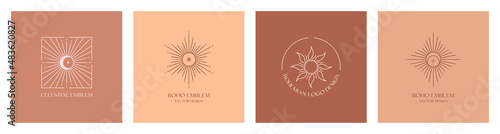 Set of vector bohemian logo design templates with moon,star,sun and sunburst. Boho linear icons or symbols in trendy minimalist style.Modern celestial emblems.Branding design templates.