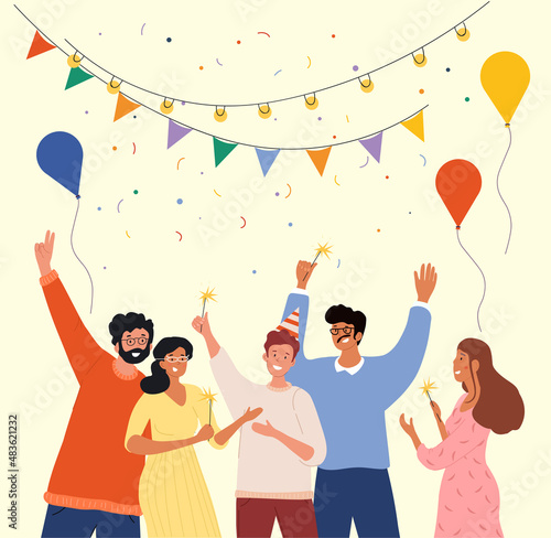 Happy people concept. Happy birthday poster or banner, group of friends gathered for party. Holiday and rest, active lifestyle. Candies, balloons and apartment design. Cartoon flat vector illustration