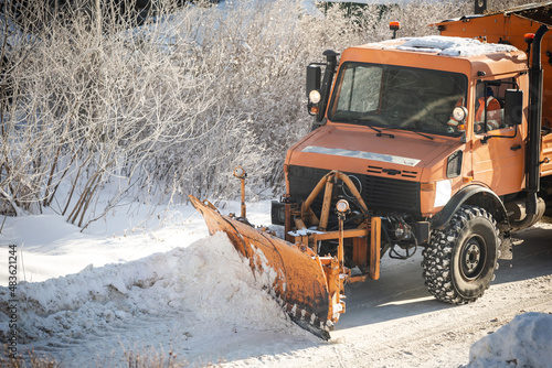 A winter service vehicle (WSV) or snow removal vehicle, clearing thoroughfares of ice and snow