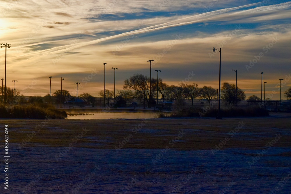 Early Morning and Sunrise Landscapes at South East City Park Public Park and Fishing Lake, Canyon, Texas in the Panhandle near Amarillo, Winter of 2021-22.