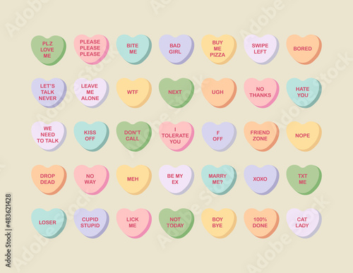 Set of candy conversation hearts. Anti-valentine day sarcastic theme. Vector colored sweets on isolated background. Funny sarcastic quotes. For the design of postcards, clothes, web. photo