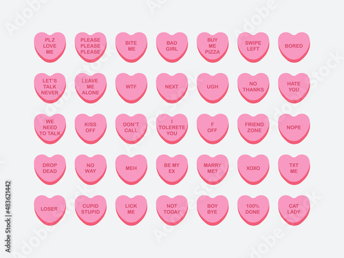 Set of candy conversation hearts. Anti-valentine day sarcastic theme. Vector pink sweets on isolated background. Funny sarcastic quotes. For the design of postcards, clothes, web.