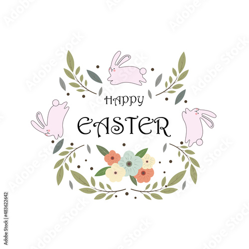 Happy Easter, bunnies, flowers and eggs. Folk style design